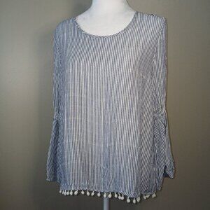 AEROPOSTLE BLUE AND WHITE TICKING STRIPE PEASANT STYLE TOP WITH POMPOM EDGES,  L